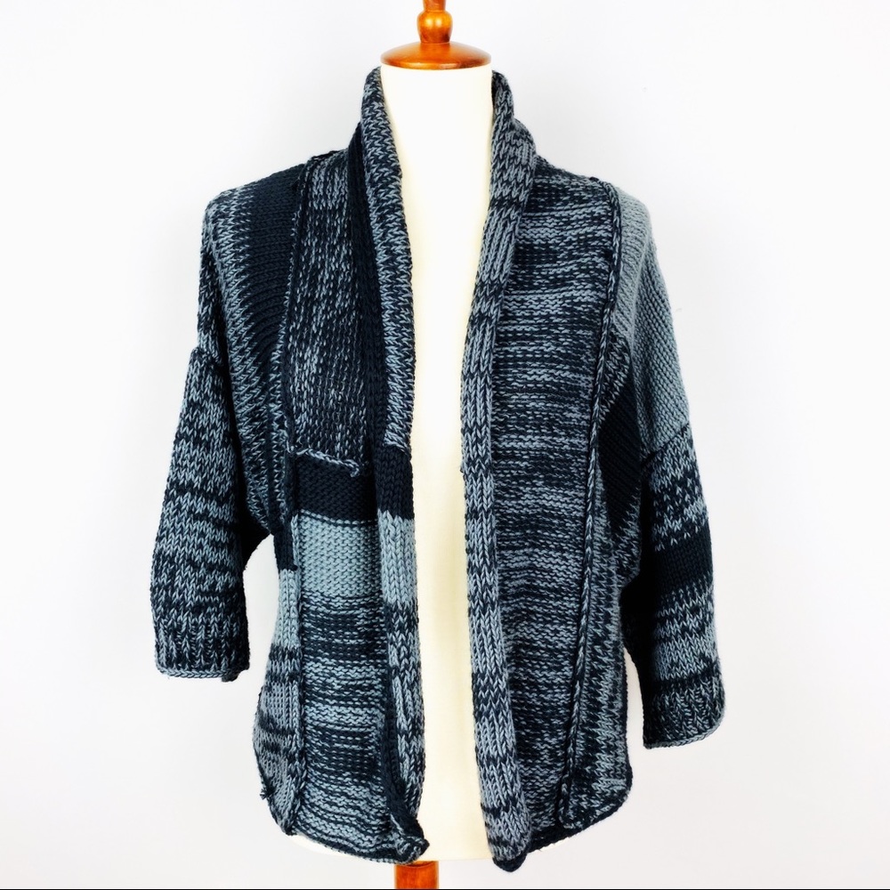 Anthropologie PURE Hand Knit Boxy Relaxed Fit Cardigan Sweater Gray/Black